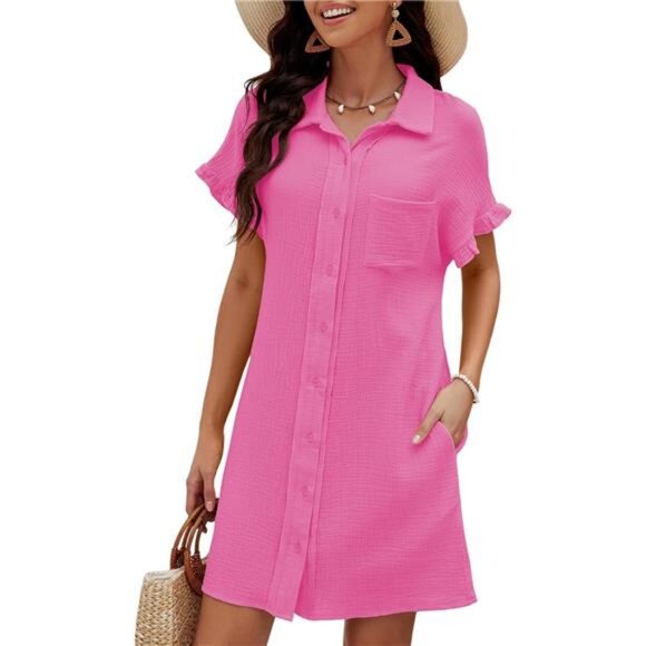 Womens Beach Cover Up Dress Cotton Button Down Shirt Dresses Ruffle Sleeves - Picture 1 of 7